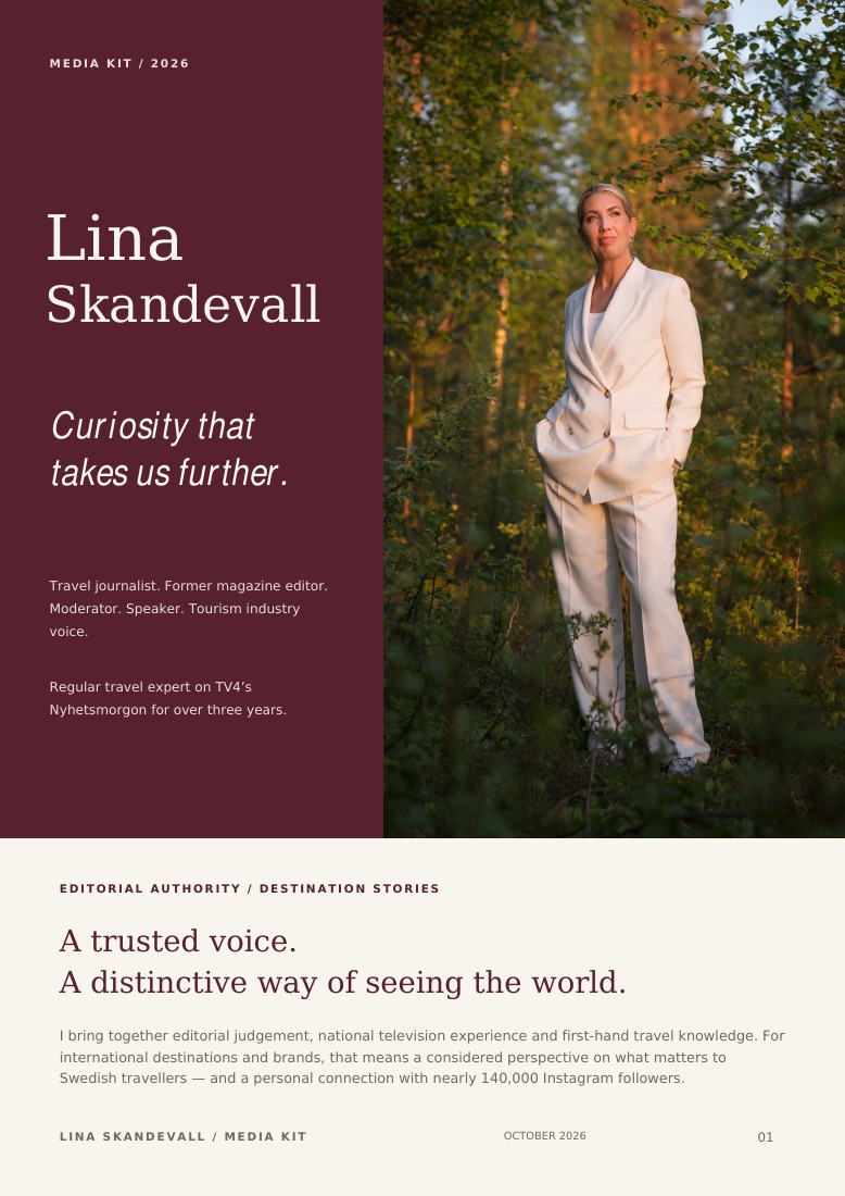 Cover of Lina Skandevall’s media kit with a portrait in a white suit