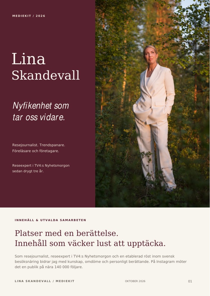 Titelblatt von Lina Skandevalls Media Kit mit einem Porträt im weißen Anzug